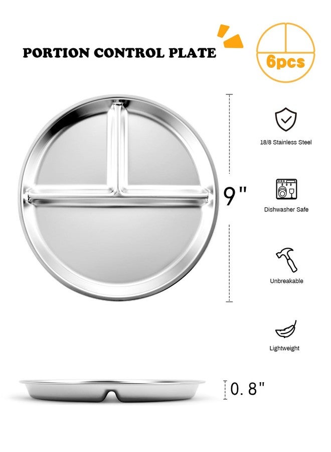 Bakpoco Stainless Steel Kids Plates Set of 6, 9" Portion Control Plates Divided Plate for Adults Toddlers Balance Lunch, Bariatric & Diabetic Diet, Non Toxic Camping Metal Snack Plate for Eating - Image 2